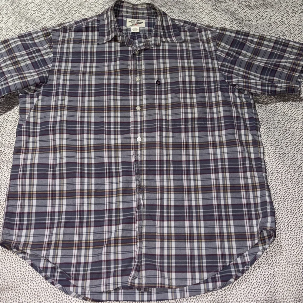 VTG Polo Ralph Lauren Jeans Large 100%‎ Cotton Gray Plaid Button Down Shirt